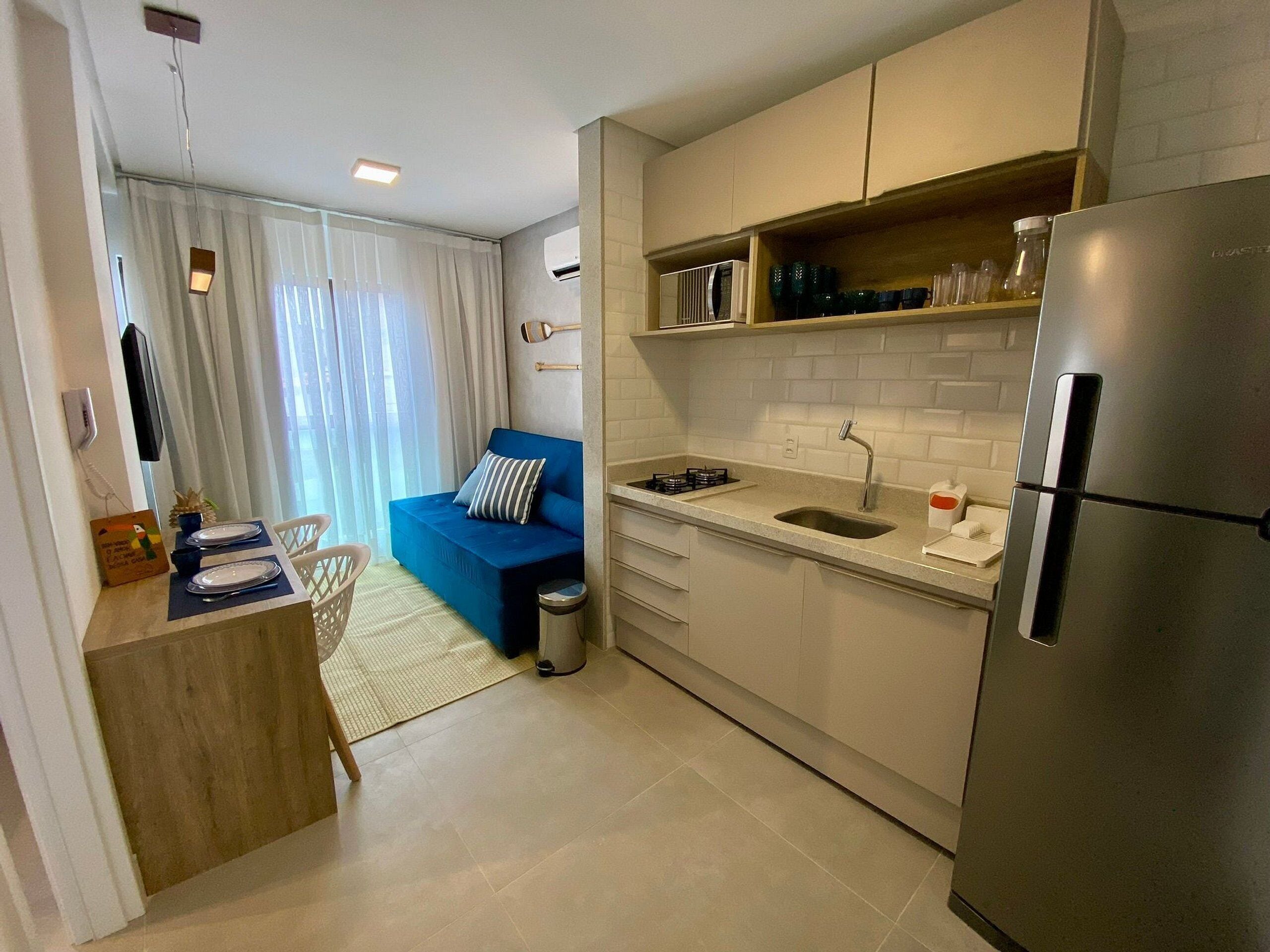 Apartamento | Cozinha privada | Geladeira grande, micro-ondas, liquidificador