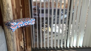 A wooden chair with a patterned cushion in front of a glass door with vertical blinds. - 2. Apartment with Lake View (Rockaway Beach)