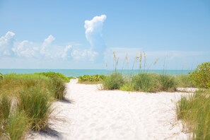 A sandy beach path with grass on either side and a clear blue sky. - Amazing Gulf Views from this 2 Bedroom Loggerhead Updated Condo (Sanibel)