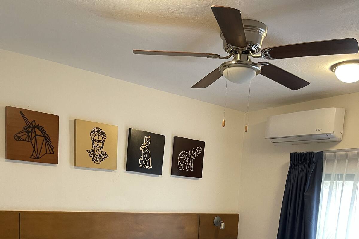 Habitación de hotel con una cama grande, ventilador de techo, aire acondicionado y cuadros en la pared.