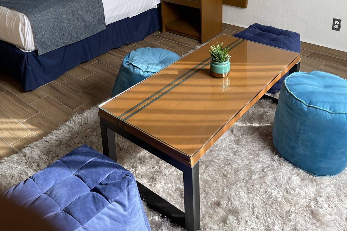 Habitación de hotel moderna con una cama grande, mesita de noche y una pequeña mesa con una planta.