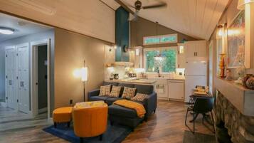 TV, fireplace, books