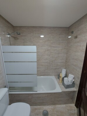 Hair dryer, towels, soap, toilet paper