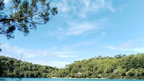 A coastal landscape with a clear blue lake, rocky shoreline, and dense green hills in the background.