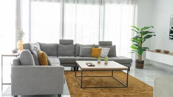 Smart-tv, een open haard, boeken en een stereo