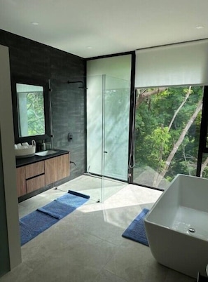 Shower, hair dryer, towels, soap