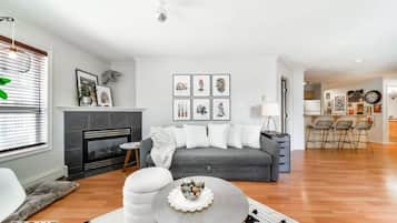 TV connectée, cheminée, livres