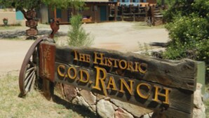 A rustic sign for The Historic C.O.D. Ranch with a wooden cart and a building in the background. - Boutique Hillside Hotel with Breathtaking Vistas. BBQ, Hiking Trail & Dark Skies (Oracle)