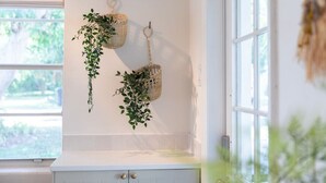 Two woven baskets with plants hanging on a white wall near a window. - House of Rio, Seaside Getaway (Jensen Beach)