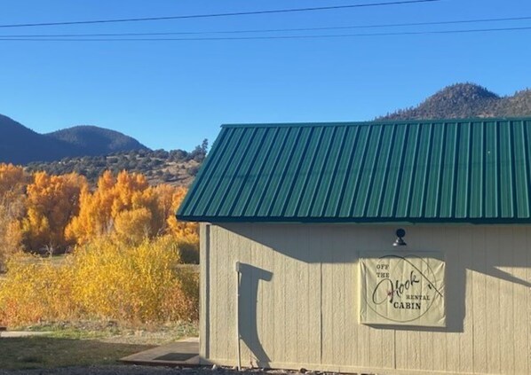 Une cabane en bois avec un toit vert, indiquée comme étant une cabane à louer.
