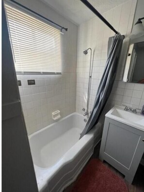 Hair dryer, towels, soap, shampoo