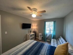 1 غرفة نوم وخزنة داخل الغرفة ومكتب ومكواة/لوح كي