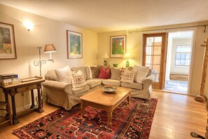 TV, fireplace, books, video library