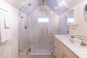 Shower, hair dryer, towels