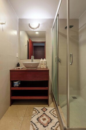 Shower, hair dryer, towels