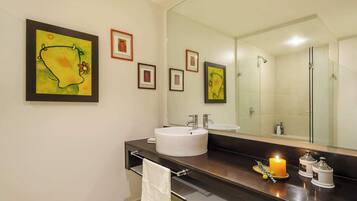 Shower, hair dryer, towels