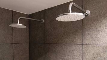 Shower, hair dryer, towels, shampoo