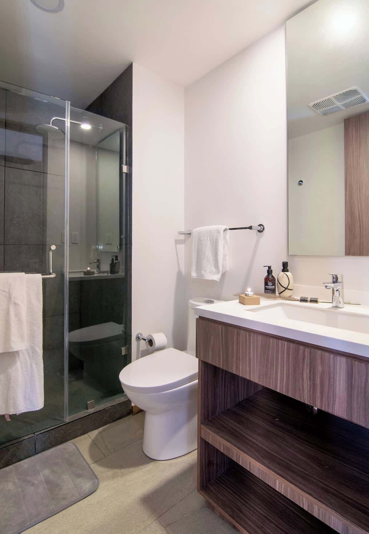 Shower, hair dryer, towels, shampoo