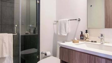 Shower, hair dryer, towels, shampoo
