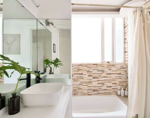 Dusche, Haartrockner, Handtücher, Shampoo
