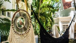 A hammock hanging between trees in a garden area with a macrame dreamcatcher hanging nearby. - Stunning modern villa with pool & beach access (Playa del Carmen)