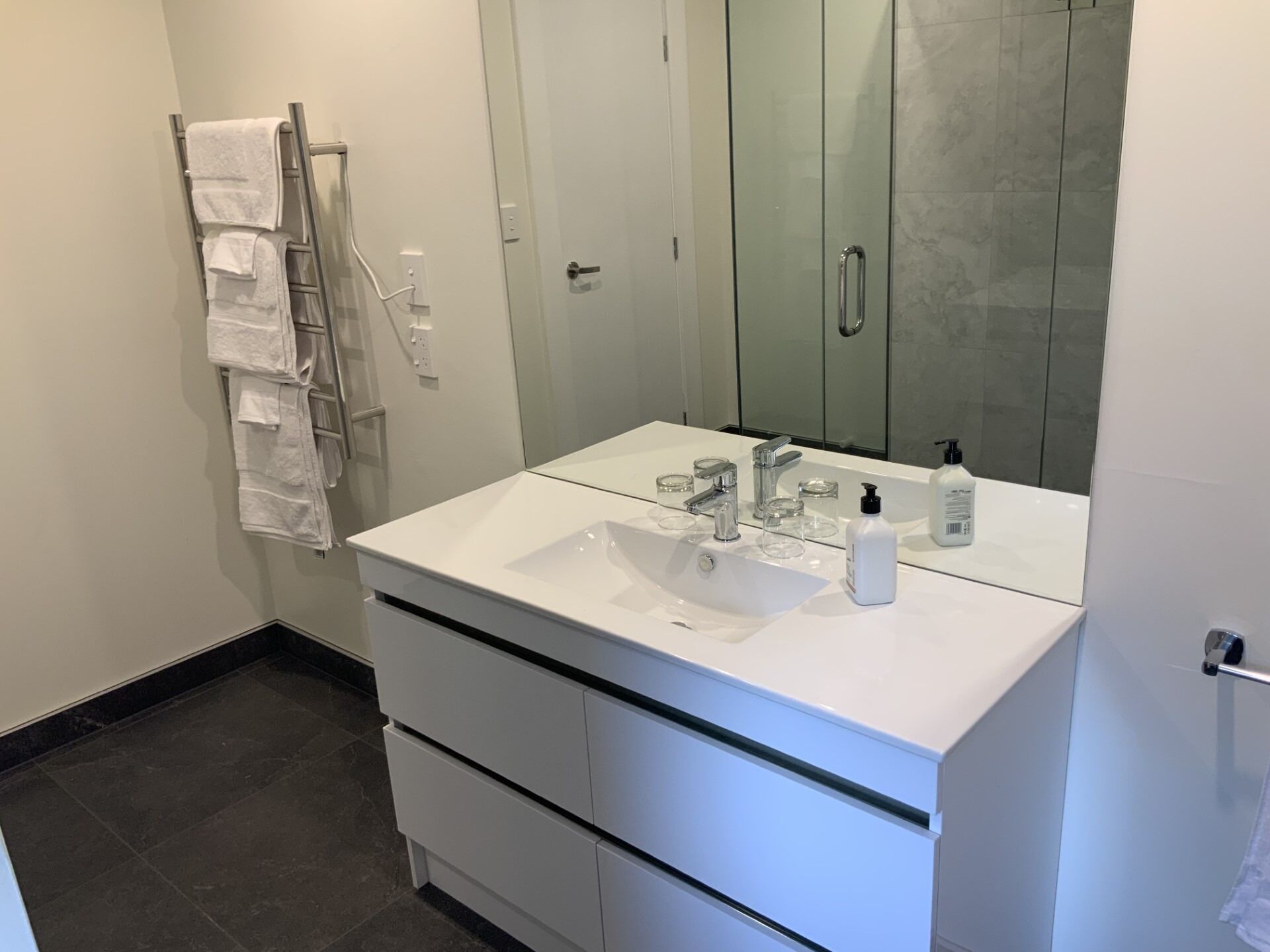 Hair dryer, towels, soap, shampoo