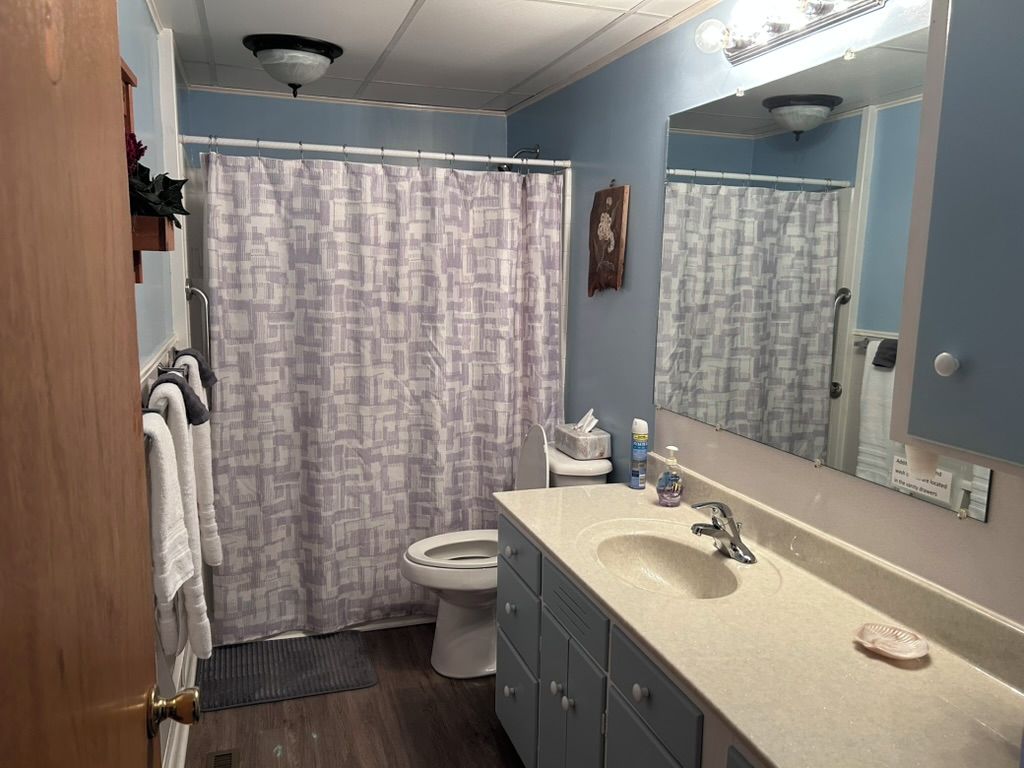 A bathroom with a shower curtain, toilet, sink, and cabinets.