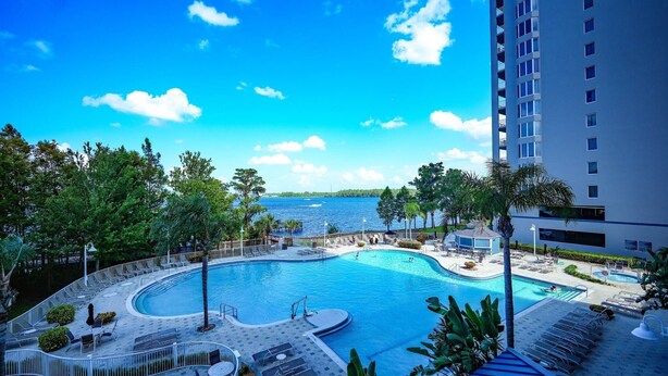 A swimming pool with a curved design, surrounded by lounge chairs and palm trees, with a view of a body of water and a tall building in the background.