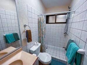 Bathroom features a toilet, sink, shower, and mirror.