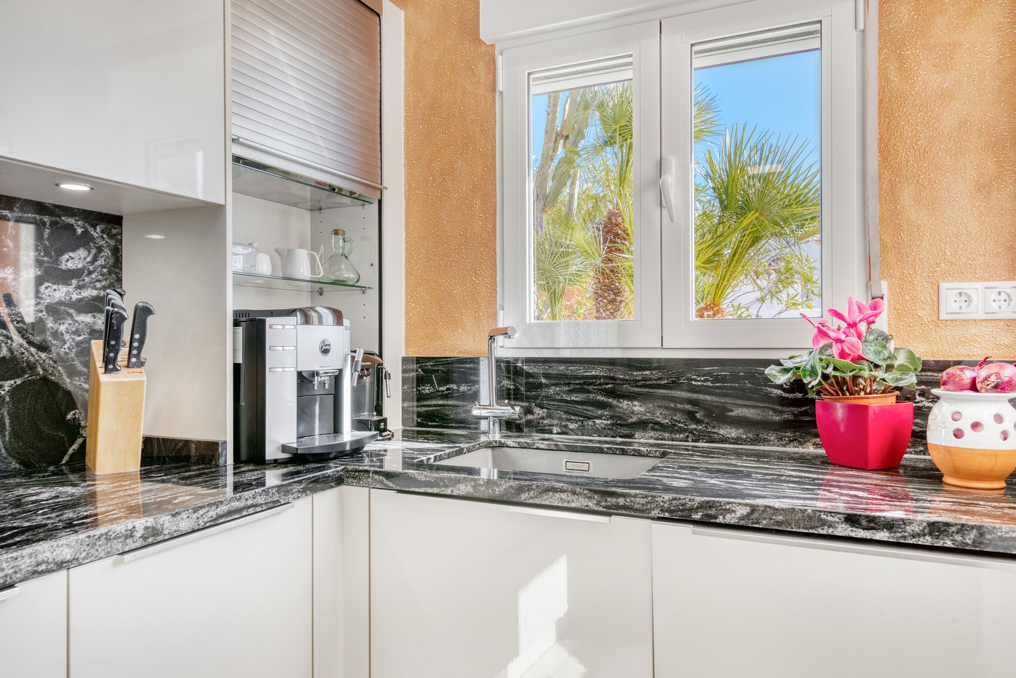 A kitchen with a coffee machine, a sink, and a window with a view of palm trees.