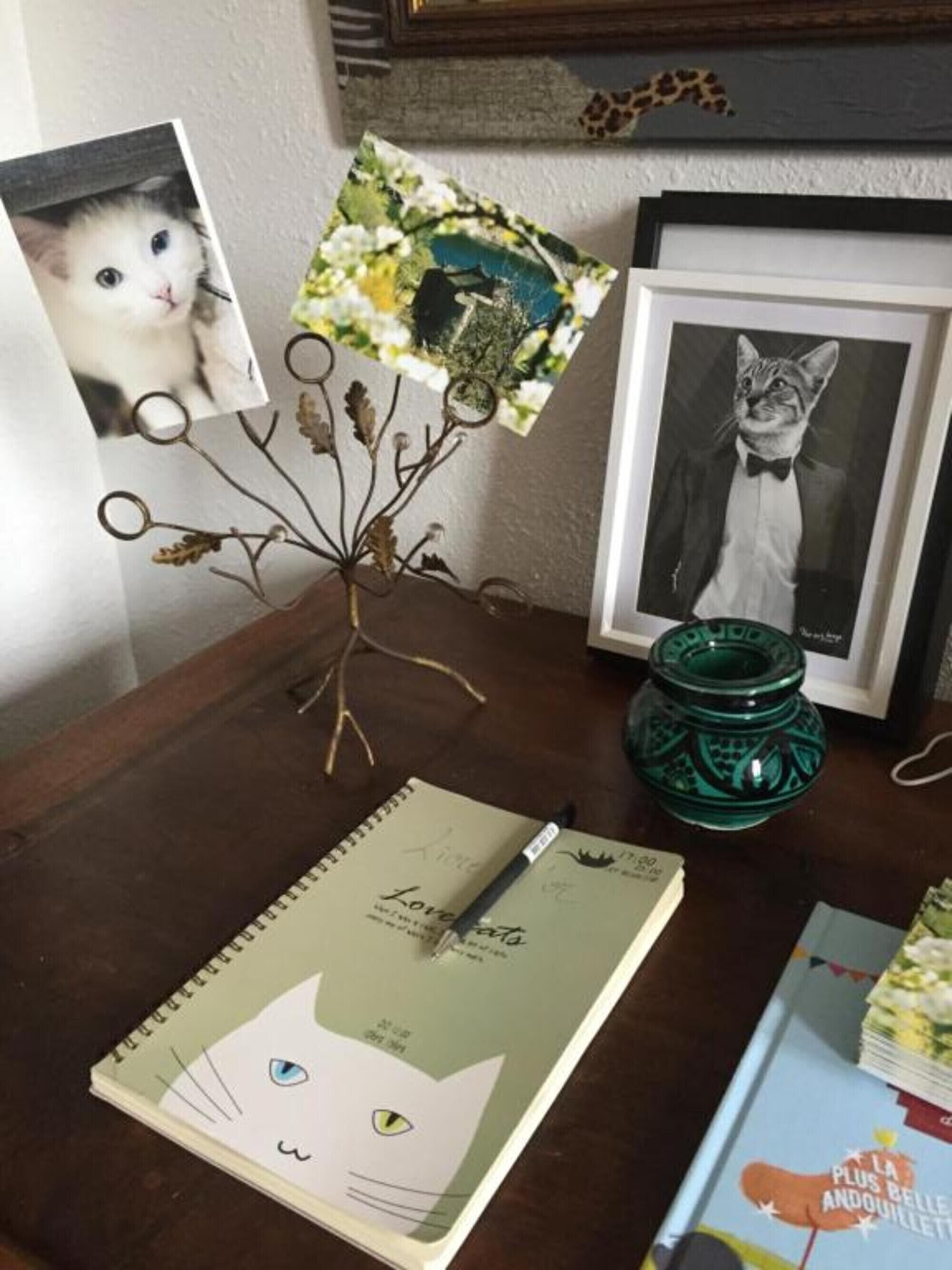 Une table en bois sur laquelle se trouvent un carnet, un stylo, une plante décorative en métal, des photos encadrées et un bocal en verre vert.