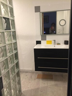 Shower, hair dryer, towels