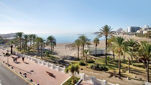 A coastal promenade with palm trees, a beach, and buildings in the background.