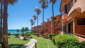 Un resort con vista despejada al océano, palmeras y un camino que lleva al edificio.
