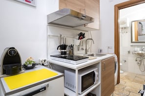 Kühlschrank, Mikrowelle, Herdplatte, Kochgeschirr/Geschirr/Besteck