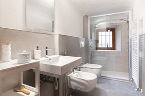 Shower, hair dryer, bidet, towels