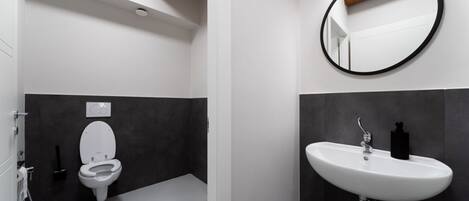 A modern bathroom with a toilet, sink, and mirror.