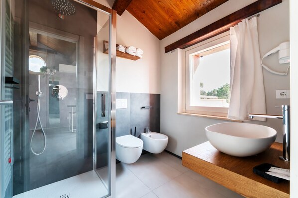 Douche, séchoir à cheveux, bidet, serviettes fournies
