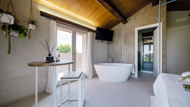 A modern bathroom with a freestanding bathtub, a small table with a chair, and hanging plants. -  L’Organetto Luxury B&B - Aurora Suite (Alberelli)