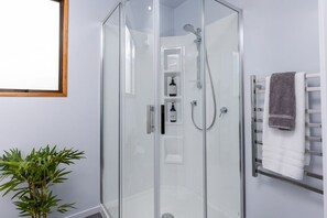 Shower, eco-friendly toiletries, hair dryer, towels