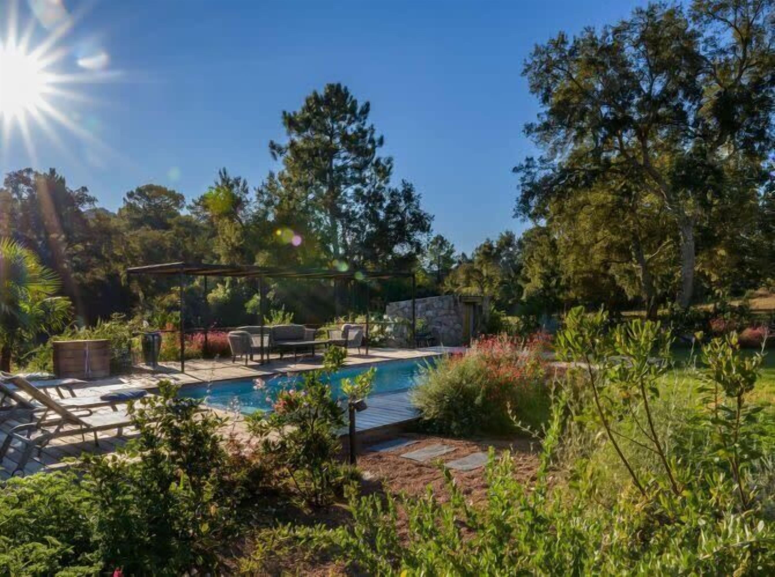 A backyard with a swimming pool, patio furniture, and a pergola.
