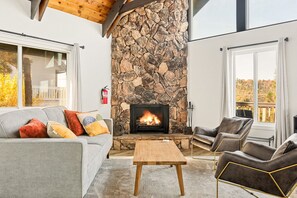 Smart-TV, Kamin, Bücher, Musikbibliothek