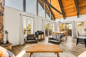 Smart TV, fireplace, books, music library