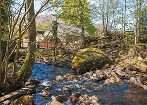 A natural outdoor setting with a stream, rocks, and trees.