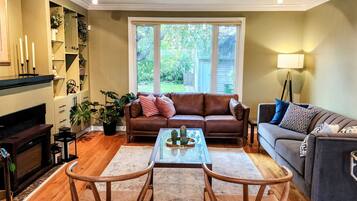 Smart TV, fireplace, books