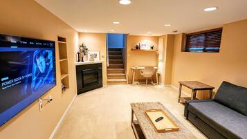 Smart TV, fireplace, books