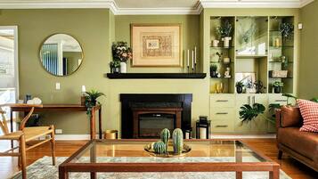 Smart TV, fireplace, books