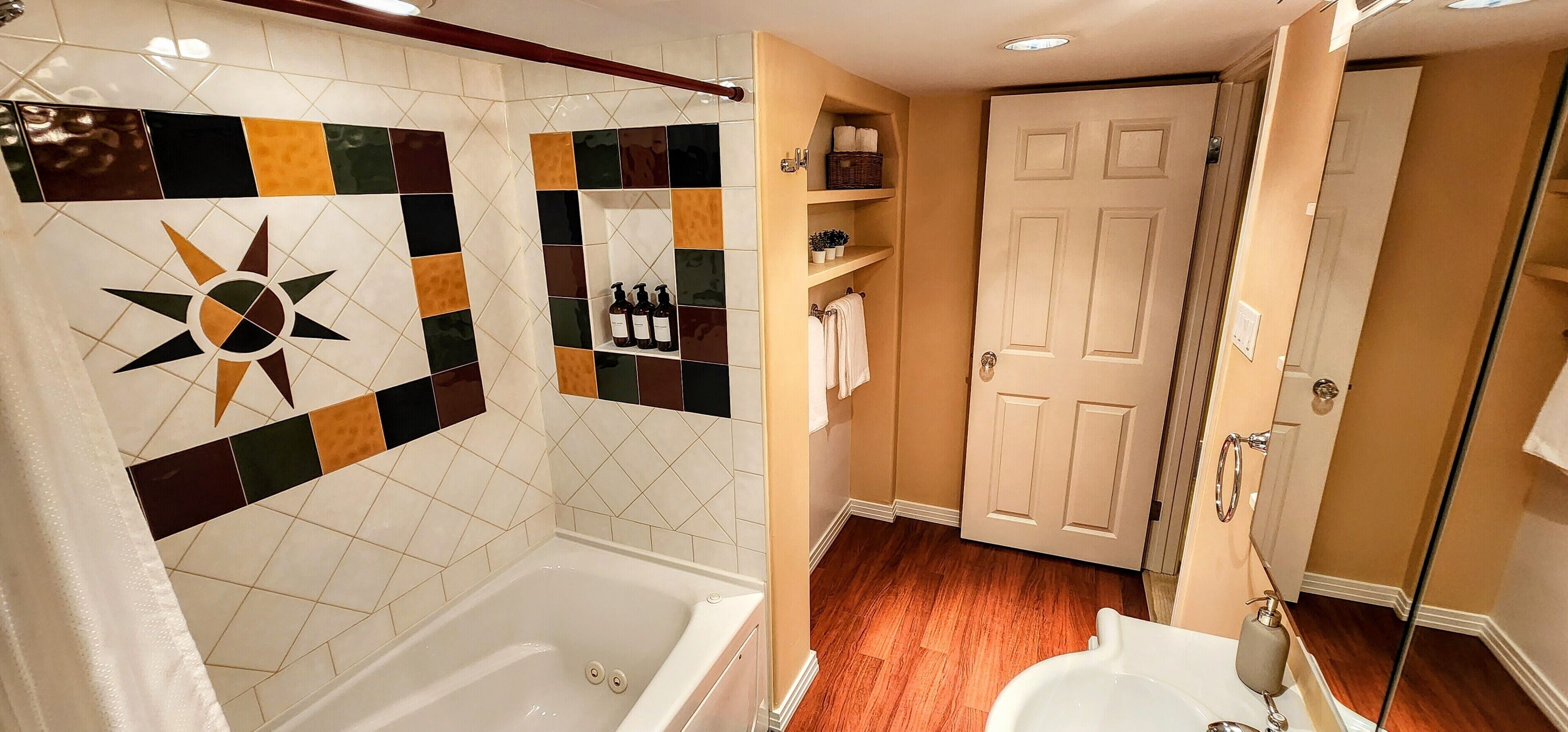 Jetted bath, hair dryer, towels, soap