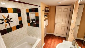 Jetted bath, hair dryer, towels, soap