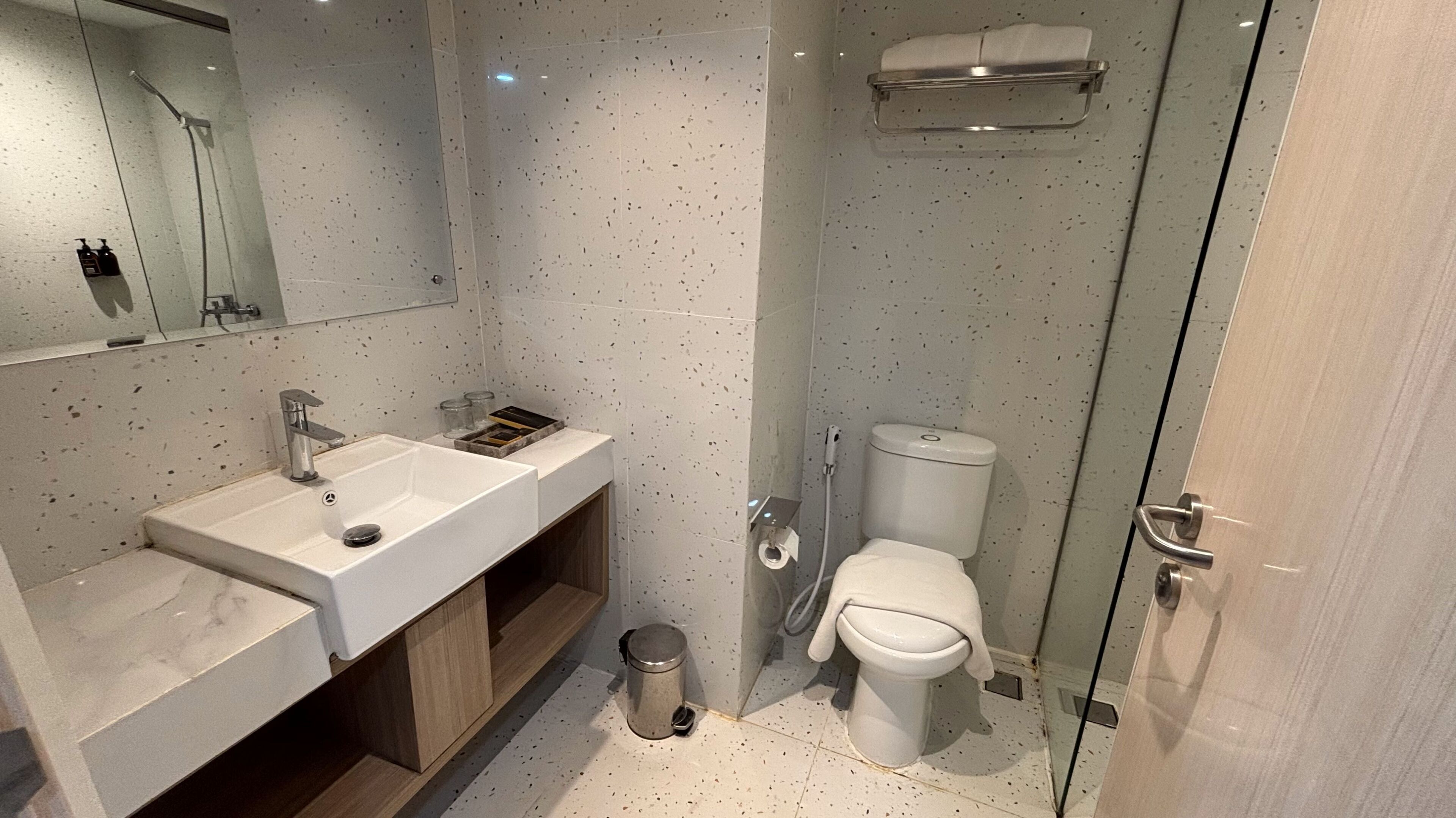 A modern bathroom with a glass shower enclosure, a sink with a mirror, and a toilet.